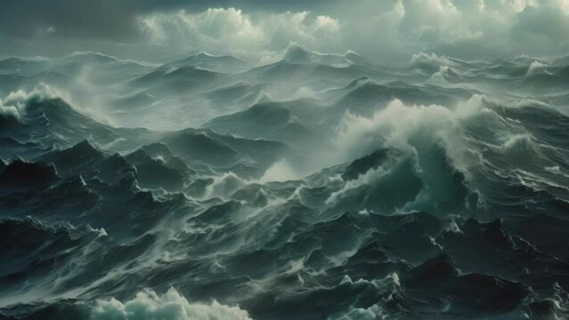 A large expanse of water is filled with numerous powerful waves crashing against the shoreline, Cinematic view of a stormy sea with waves