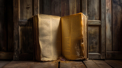 Vintage open book on a rustic wooden table, perfect for historical literature presentations and classic reading themes