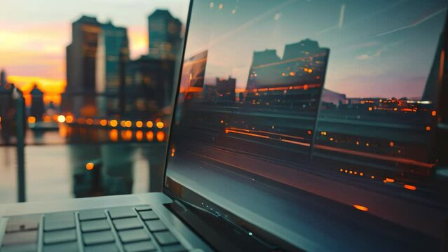 A laptop computer sitting on top of a wooden table in a spacious office environment, City skyline reflected in the screen of a stock trading laptop