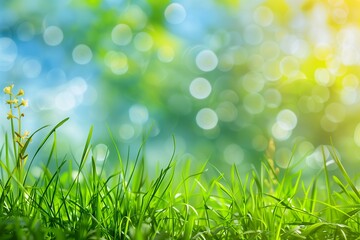 Lush Green Spring Meadow with Sunlight and Dew Drops, Perfect for Vibrant Backgrounds