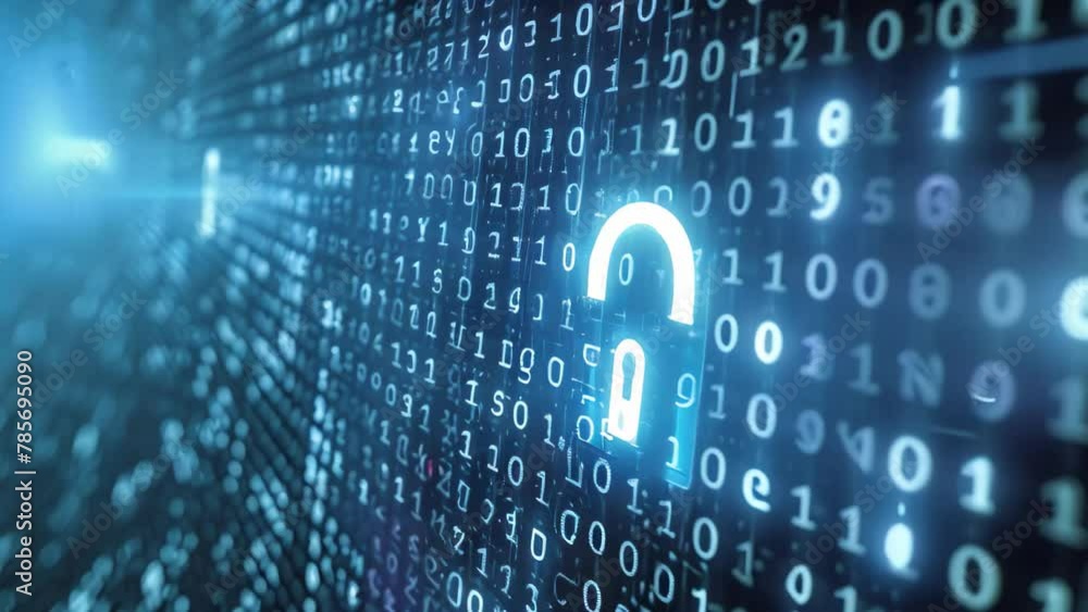 Poster a close-up photo of a lock displayed on a screen, with numbers in the background, computer code tran