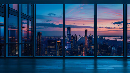 A high-rise penthouse with floor-to-ceiling windows offering breathtaking cityscape views.