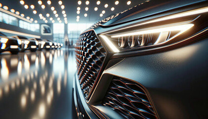 Close-up of a modern car's LED headlight design in showroom.