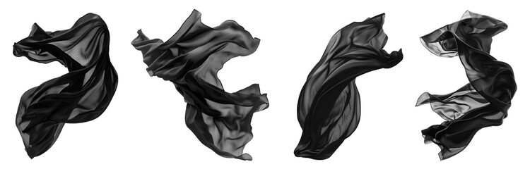 Collection set of black silk satin cloth fabric floating flying in the air on transparent background cutout, PNG file. Mockup template for artwork graphic design