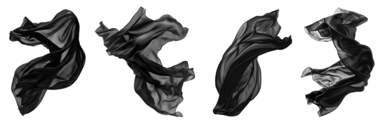 Collection set of black silk satin cloth fabric floating flying in the air on transparent background cutout, PNG file. Mockup template for artwork graphic design