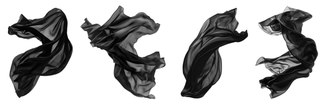 Collection set of black silk satin cloth fabric floating flying in the air on transparent background cutout, PNG file. Mockup template for artwork graphic design