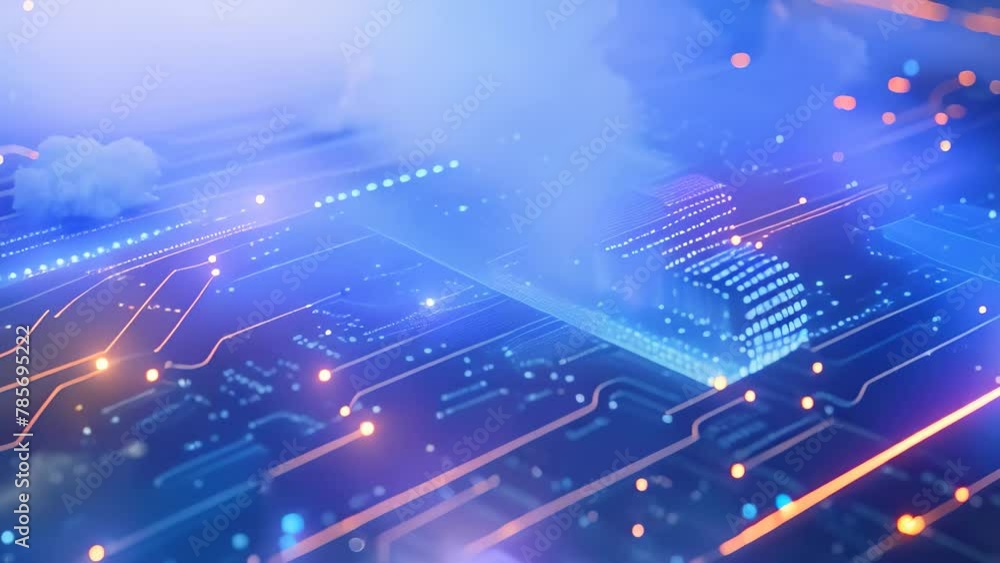 Poster a cloud resembling a heart shape floats gracefully atop a circuit board, concept of cloud computing 