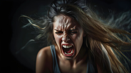 Agonized woman screaming, a powerful image for mental health awareness campaigns.