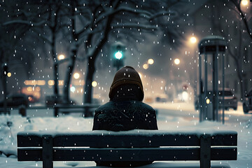 Solitary man on a park bench in winter, evoking themes of loneliness and seasonal affective disorder. - obrazy, fototapety, plakaty