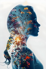Double exposure of woman's profile with flowers, symbolizing mental health and women's empowerment.