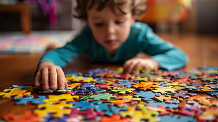 A focused child with autism spectrum playing with colorful puzzles on the floor, showing engagement in a learning activity.