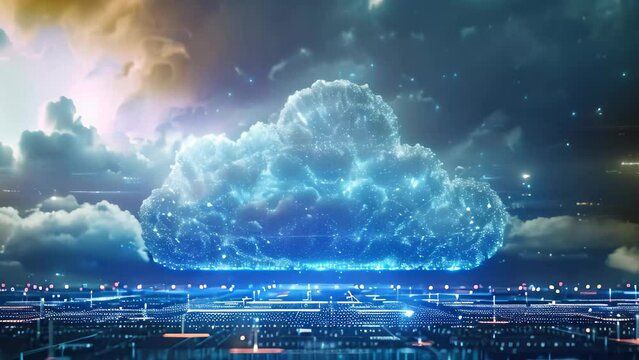A photo capturing a large cloud floating above a city, as seen under a cloudy sky, Concept of cloud computing technology