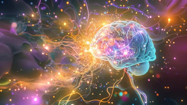 A close-up of a persons head with a clearly visible brain in the middle, portraying the intricate structure of the human brain, Conceptual art of brain functions and neurotransmitters