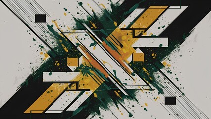 Modern Abstract Geometric Art with Dynamic Lines and Splatter in a Bold Black and Yellow Color Scheme