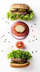A deconstructed hamburger with ingredients separated and aligned vertically on a white background.  - obrazy, fototapety, plakaty