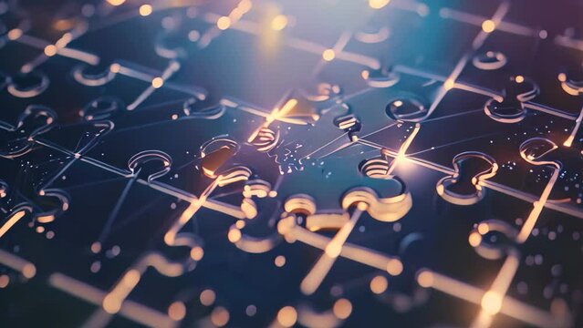 A detailed view of one puzzle piece, showcasing its intricate interlocking pattern, Connecting puzzles pieces into a blockchain structure
