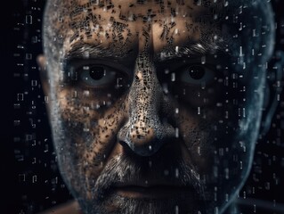 A man's face is shrouded in cyber particles. AI generative.