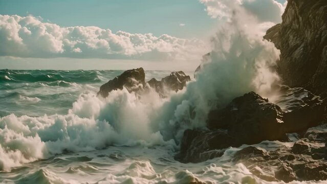 A photo of a rocky shore where powerful waves collide and crash against the rocks, Crashing waves against a rocky seashore