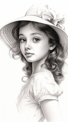 Pencil drawing of a young girl in a hat.