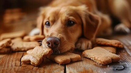 Adorable Dog with Homemade Treats on Rustic Table. Concept Dog Photography, Pet Treats, Homemade, Rustic Table, Adorable Portrait