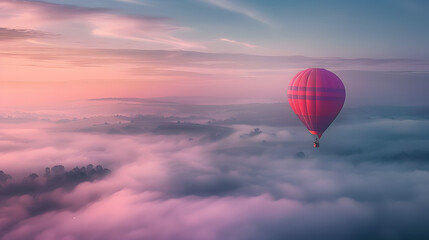 Obraz premium A hot air balloon floating gently over a fog-covered valley at dawn symbolizing the peacefulness and perspective gained from aerial travel.
