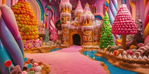 Fotobehang A whimsical and colorful candy village with houses made of confectionery delights and a river flowing with liquid sweetness. Resplendent. © Summit Art Creations