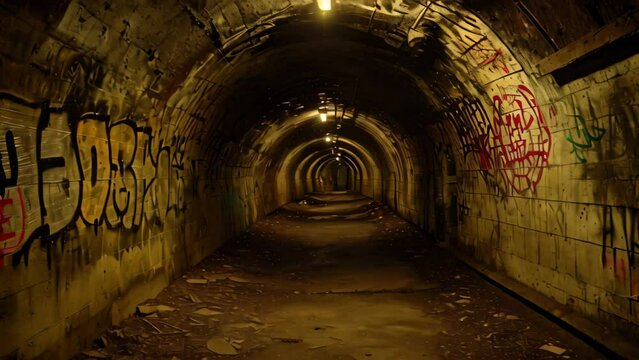 A dark tunnel covered in vibrant graffiti artwork showcasing urban expressions, Creepy underground tunnels with Halloween-themed graffiti
