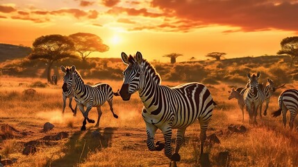 Photo group of zebras running across the african savannah on sunset ai generated image - obrazy, fototapety, plakaty