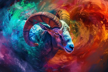 Realistic portrait of an Aries individual in dynamic motion, their energy and passion captured in vibrant, bold colors 02