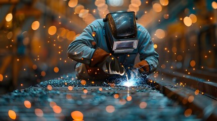 Welder in Action: Crafting Metal Magic with Sparks and Skill. Concept Metalworking, Sparks Fly, Welding Artistry, Craftsmanship, Skilled Welder