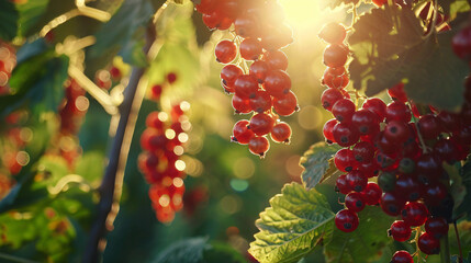 Farming concept - red currant berries growing on bunch - obrazy, fototapety, plakaty
