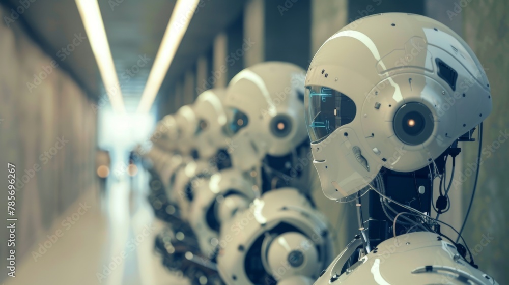 Aufkleber row of robot heads in a hallway