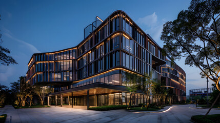 A kinetic facade office building that adjusts in real-time to sunlight and environmental conditions optimizing natural light and energy savings.