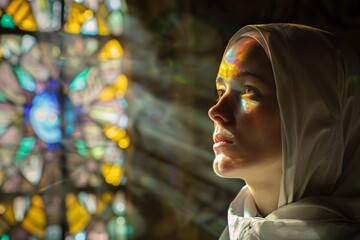 Portrait of a nun in prayer, her eyes lifted heavenward, bathed in the soft light filtering through stained glass windows 02 - obrazy, fototapety, plakaty