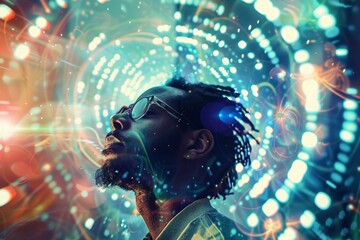 Young black man with glasses in a futuristic and bright ambiance