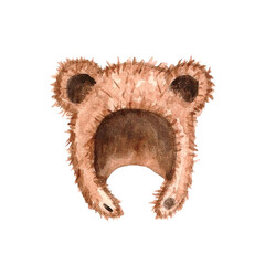 brown eco fur hat with bear ears watercolor illustration on white background
