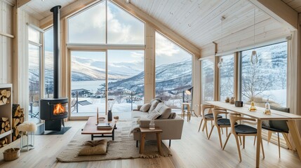 A charming Scandinavian house with large windows overlooking the mountains  AI generated illustration - obrazy, fototapety, plakaty