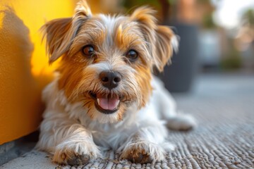 Cute Yorkshire Terrier with a spark in its eyes, looking cheerful and happy while resting on a city sidewalk
