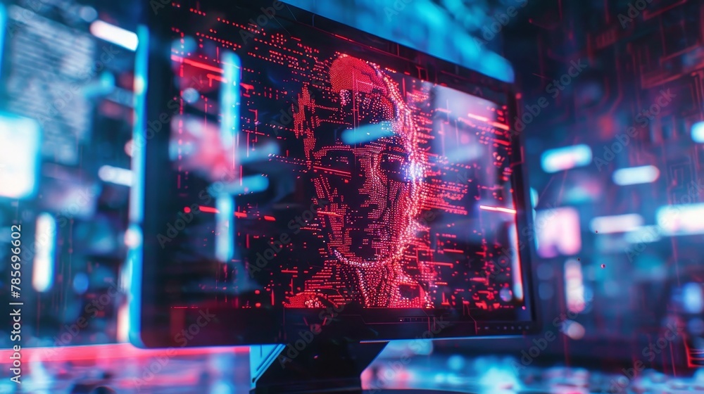 Poster a close-up of a computer monitor displaying a glitchy distorted image ai generated illustration