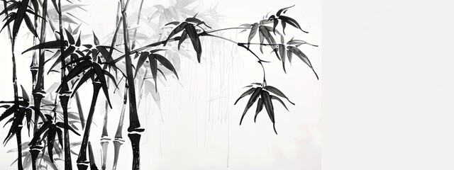 Black and white bamboo tree with leaves and stems in traditional Chinese watercolor waterink style