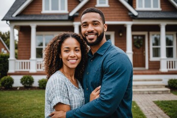 Portrait of Happy biracial couple in front of their new house - Powered by Adobe