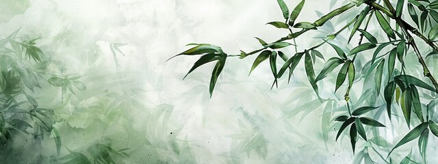 Detailed painting of a bamboo tree with lush green leaves, showcasing traditional waterink artistry