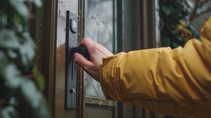 A close-up of a delivery persons hand ringing a doorbell  AI generated illustration