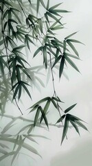 Detailed view of traditional Chinese green waterink watercolor bamboo plant on cloudy day