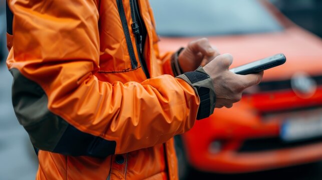 A close-up of a delivery persons hand holding a GPS device  AI generated illustration