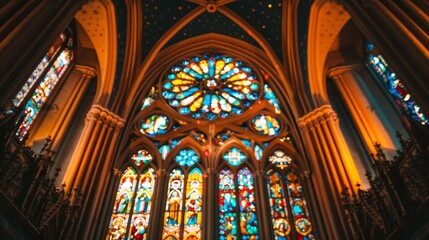 A close-up of a stained glass window in a Gothic cathedral  AI generated illustration
