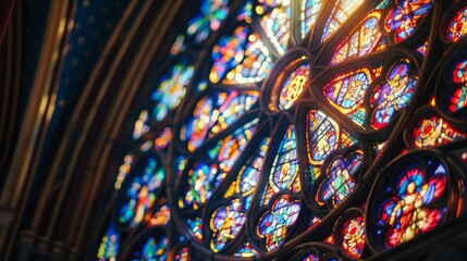 A close-up of a stained glass window in a Gothic cathedral  AI generated illustration