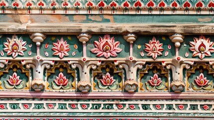 Fototapeta na wymiar A close-up of floral motifs on a traditional Indian palace AI generated illustration