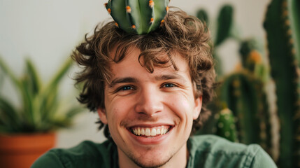Joyful interaction with nature, a smiling person with a cactus, suited for lifestyle and wellness blogs. - Powered by Adobe