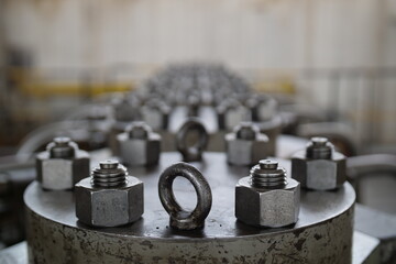 Panoramic view of flange bolts arranged in a circle against an industrial background. Large flange...